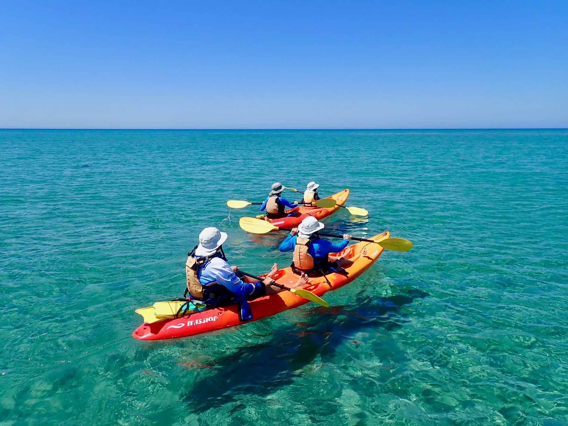 2 double sea kayaks paddling across clear turquoise water on half day sea kayak and snorkel tour, Turtle Tour at Ningaloo Reef, Exmouth, Western Australia