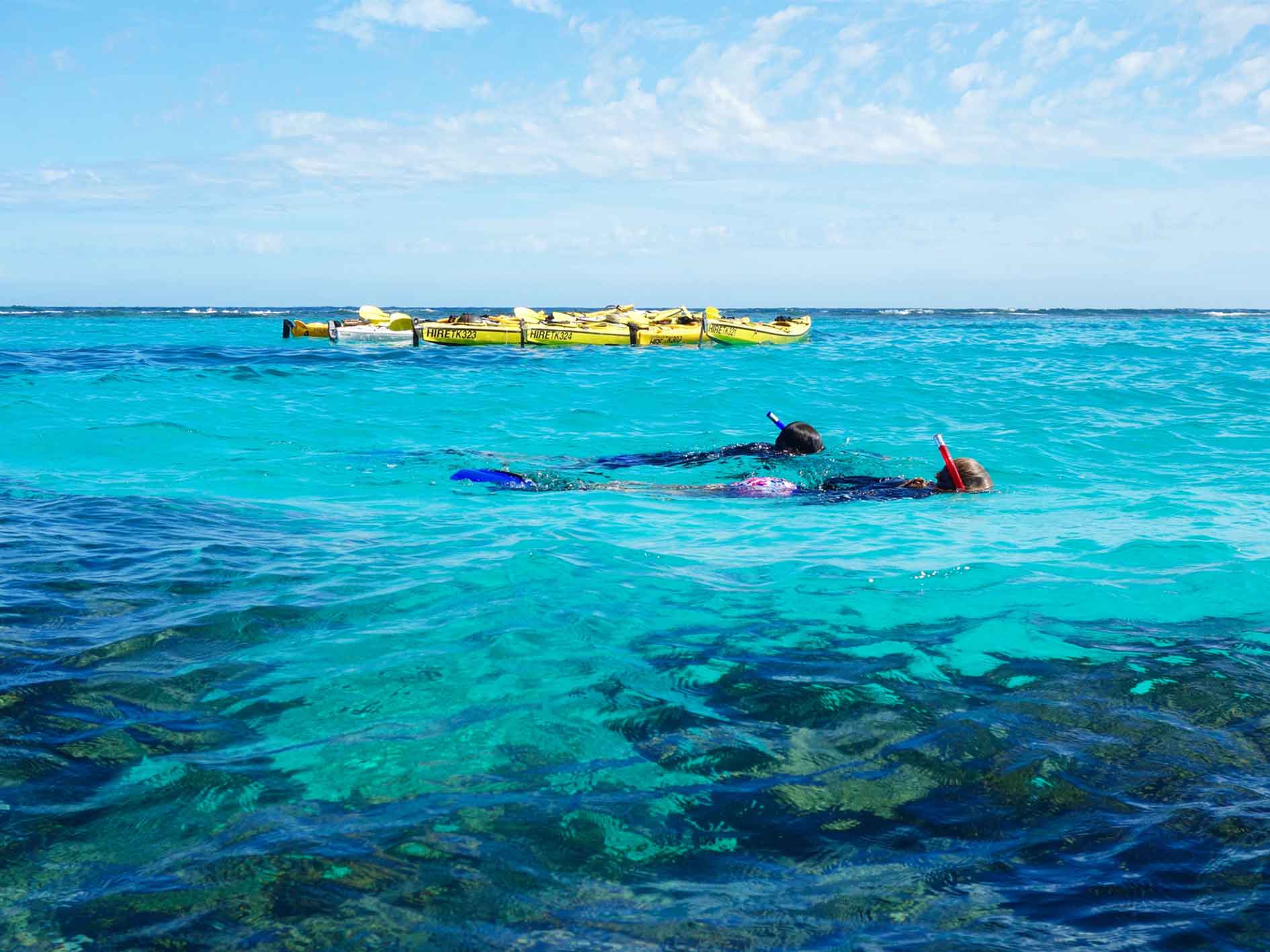 Snorkelling amongst coral formations at Ningaloo Reef, with kayaks anchored in the background